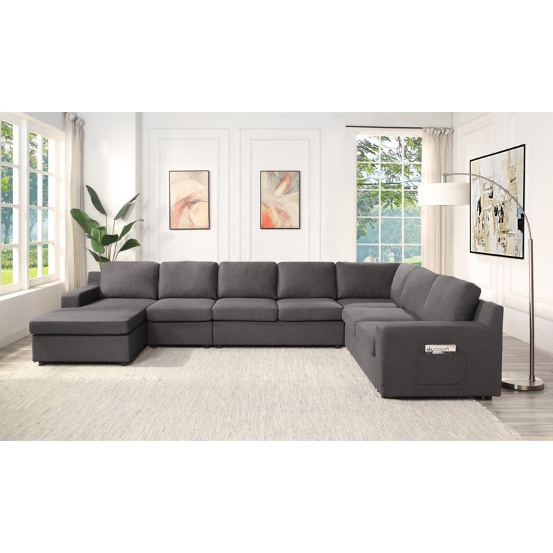 Hokku Designs Modern Sofa Waylon 145.5" Linen 7-Seater U-Shape Sectional Sofa Chaise With Pocket ...